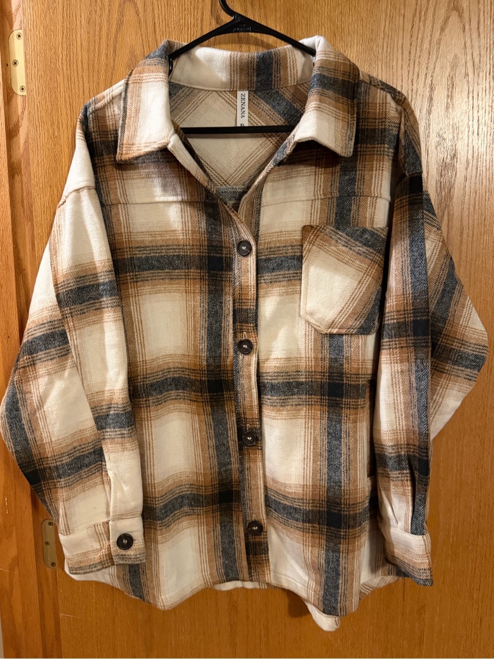 Zenana Outfitters Cream, Brown & Gray Plaid Utility Jacket